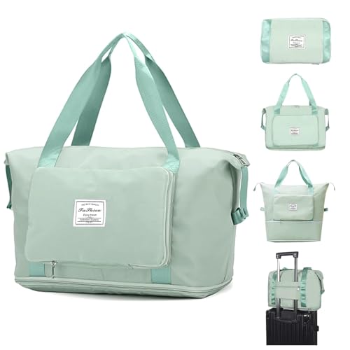 Image of Large Capacity Folding Travel Tote Bag, Oxford Fabric Waterproof Lightweight Foldable Travel Duffel Bag, Portable Expandable Travel Bag, Dry and Wet Separation Carry On Bag for Airplanes (Green)