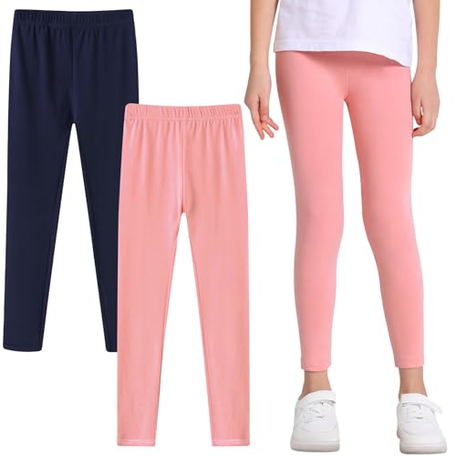 Domueay Leggings pour Filles, Lot de 2, Coton Fille Pantalons Longs Rose Marine Respirant Doux Elastique Sport Gym Danse Scolaire Legging Enfants Collants...