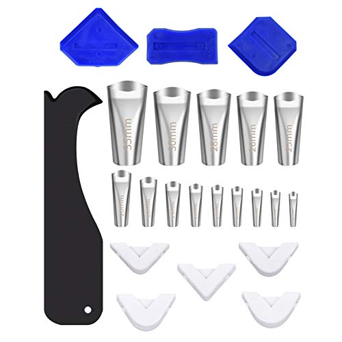 Suksadum Caulking Tools Kit, 25 PCS Upgrade Caulking Finisher Tools Set, 14 PCS Stainless Steel Sealant Caulk Nozzle Kit, Caulk Scraper for Kitchen, Bathroom, Window, Ground, Wall