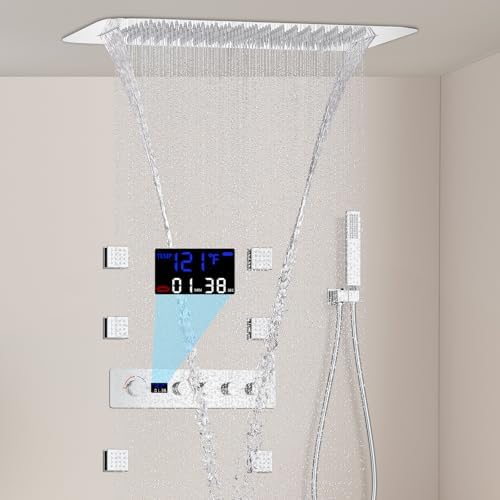 AYIVG Thermostatic 16 * 24 Shower System With Body Jets Ceiling Rainfall Shower Combo Set Digital Display Shower Fixtures With Shower Valve And Hand Shower And Body Nozzle Chrome