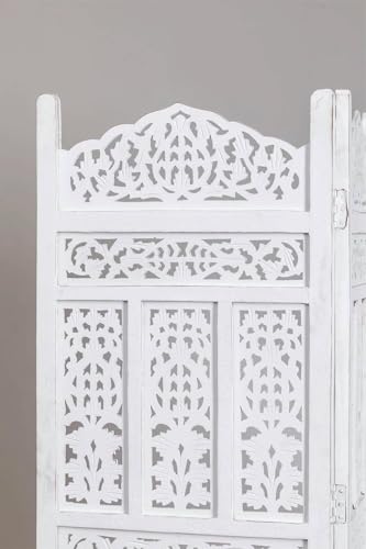 Image of Home & Goods International Wooden Room Divider Partition - Foldable Wood Screen Separator for Living Room, Bedroom, Office, Restaurant || Kangra Badrun Design, White (3 Panel with Stand)