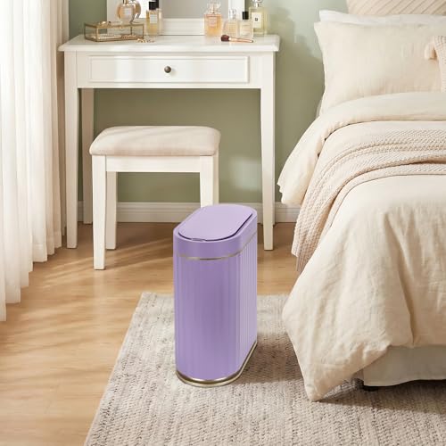 Image of ELPHECO Bathroom Sensor Trash Can - 2 Gallon Automatic Garbage Can, IPX5 Waterproof Bathroom Trash Bin, Slim Garbage Can for Bathroom, Office, Bedroom, Living Room, Purple