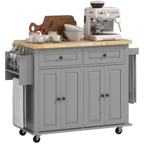 HOMCOM Kitchen Island Cart with Rubber Wood Top, Rolling Kitchen Island Table on Wheels with...