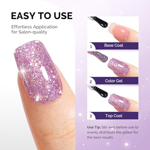 Image of MelodySusie Galaliver Pink Glitter Gel Nail Polish, 15ML Sparkly Purple Shimmer Gel Polish Soak Off UV LED Cured Long Lasting Gift for Women DIY Nail Design Nail Art Manicure X06
