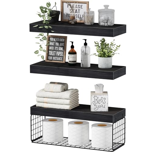 QEEIG Bathroom Shelves Over Toilet - Wall Mounted Floating Shelves Toilet Paper Storage Small Farmhouse Decor Shelf 16 inch Set of 3, Black (019-B3)