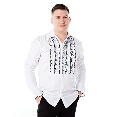 Zen Retro Mens Ruffle Ruche Frill Tuxedo Shirt White/Black XL