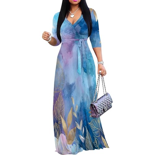Image of SUZONANA Plus Size Dresses for Women Floral Print Maxi Dress Flowy 3 /4 Sleeve with Belt