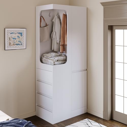 Design minimalista, conservazione perfetta: quattro cassetti laterali massimizzano l'utilizzo dello spazio. Un'area sospesa aperta può contenere vestiti, borse, cappelli e altro ancora, per un facile accesso e ordine. Mantieni la tua casa più ordinata e ordinata.