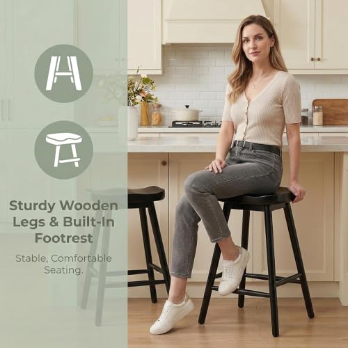 Image of HNY Backless Black Bar Stools Set of 3, Modern Counter Height Barstools 24 Inch Rustic Farmhouse Bar Height Saddle Stools with Ergonomic Seat, Wooden Stools for Kitchen Counter Island