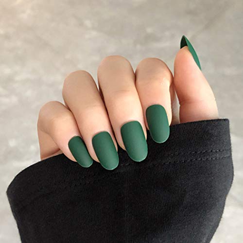 Relbcy Matte Fake Nails Green Long False Nail Oval Full Cover Press on Nails for Women and Girls (24 PCS)