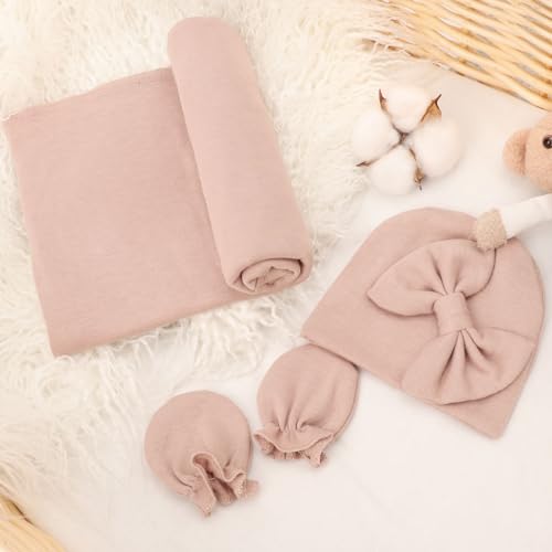Image of AQOKKA Newborn Receiving Blanket with Bow Hat Mittens Wooden Card Set Newborns Toddler Baby Boy Girl Nursery Swaddle Wrap
