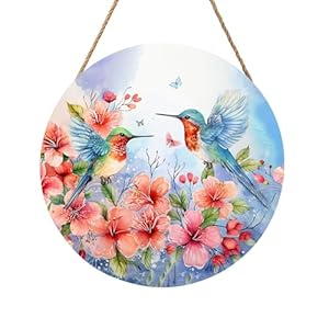 Spring Summer Hummingbird Birds Front Door Sign Farmhouse Spring Flowers Door Hanger 12×12 Seasonal Summer Wooden Wreath for Outdoor Outside Porch Welcome Wall Hanging Decoration for Home
