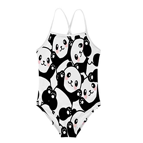 KiuLoam Black White Panda Bear Pattern Girls Bikini Summer Beach Swimsuit Rash Guard UV Protection for 5-6 Years Kids 1 Piece
