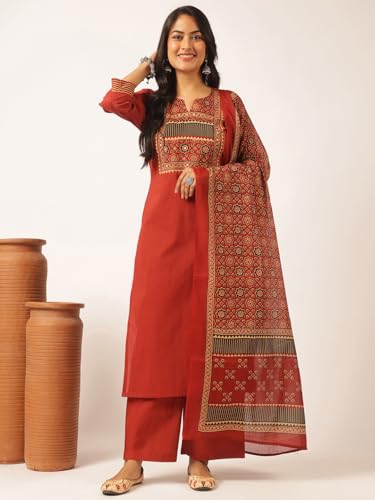 Image of Vbuyz Women Ajrakh With Yoke design Cotton Straight Kurta Set With Dupatta