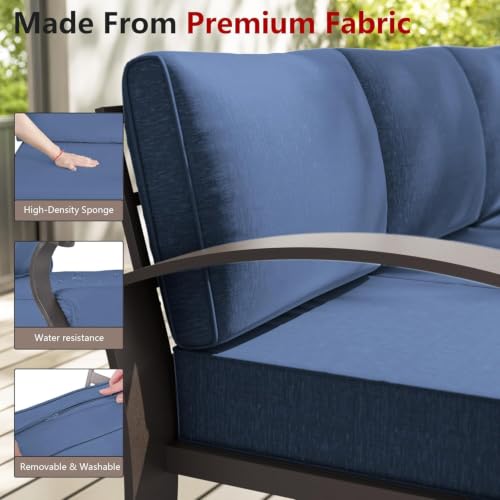 Image of Aluminum Patio Furniture Set with Fire Pit Table, 7 Seats Outdoor Patio Conversation Sets with Ottomans, Modern Metal Patio Sectional Sofa with Upgrade Cushions for Patio, Backyard, Deck - Blue