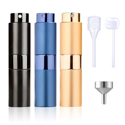 LAIKME Mini Refillable Perfume Atomizer for Travel - Spray Bottle Scent Pump Case - Cologne Fragrance Dispenser - 8ml Portable Aftershave Oral Spray Container Sprayer for Traveling (Black Blue Gold)