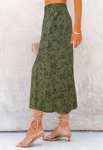 Image of HERBATOMIA Women's Floral Print Midi Skirt Casual High Elastic Waist Zipper Vintage Long Boho Skirts for Women