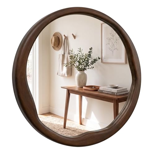 Pocetry Dark Walnut Round Wall Mirror 24 Inch, Solid Wood Framed Mirror with...