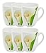 Van Well Zestaw 6 kubków do kawy Calla, 300 ml, 85 x 85 mm, filiżanki Jumbo, duże filiżanki do kawy, kubki XL, białe kwiaty, dekoracja roślinna, naczynia porcelanowe, gastronomia