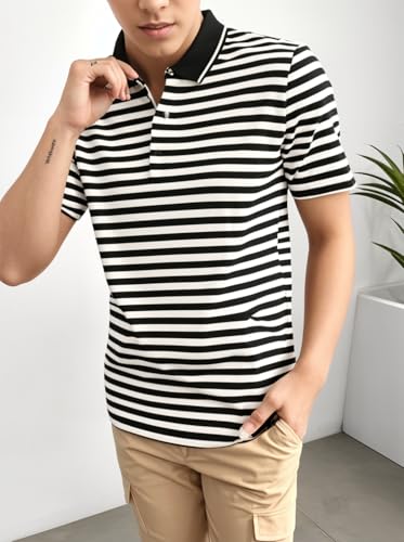Image of Mack Jonney Men's Striped Cotton Rich Collar Neck T Shirt | Collar Tshirts | Half Sleeves | Striped-Regular Fit-MM485-nw