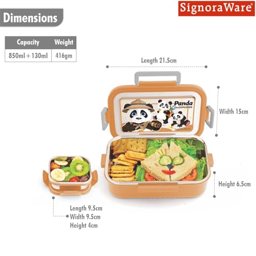 Image of SignoraWare Buster Stainless Steel Lunch Box | Airtight & Leakproof | Durable & Odorless | Ideal for Office, School & Travel Use | Easy to Clean & Carry (850ml + 130ml | Brown)