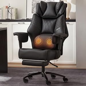 Dowinx Big and Tall Office Chair with Massage Lumbar Support,Executive Office Chair with Wide Thick Seat Cushion and Adjustable Armrest,Computer Gaming Chairs with Footrest (PU-Black)