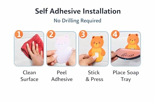 Image of Wall Mounted Self Adhesive Soap Dish with Drain | Plastic Soap Holder for Bathroom, Kitchen Sink & Wash Basin | Kids Friendly Bear Design (Pack of 2, Semi Circle Soap Dish)