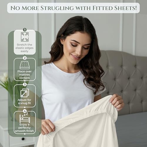 Image of Royale Linens 100% Organic Cotton Queen Fitted Sheet Only - Percale Weave - Super Soft Deep Pocket Bottom Sheets - Sand Elastic Sheet - Queen Size Fitted Sheets Only - (60 inchx80 inch+15 inch, Sand)