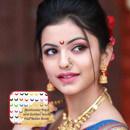 Image of Sunaina Designer Traditional Half Moon Bindi for Women & Girls, Multicolor, Plain Velvet & Golden Stone, Mix Size, Bridal Collection, 372 Bindis in a Book