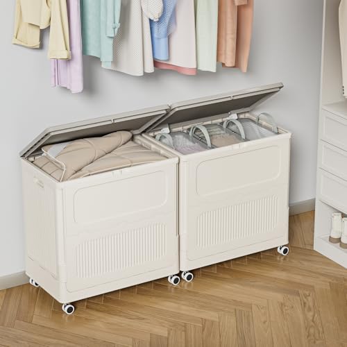 Image of HAIXIN HOME 130L Plastic Laundry Hamper with 3 Soft Bags, Foldable Rolling Clothes Laundry Basket with Lid for Bedroom, Bathroom, Dorm, Heavy Duty Clothes Organizer with Wheels for Bedding, Blankets