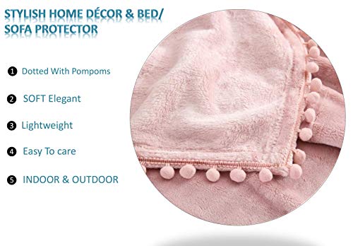 Image of BSB HOME Micro Mink All Season Solid 250 GSM Throw Size Blanket /Comforter /Dohar /Throw, Ultra Soft Cozy Blanket with Pompom Fringe (Pink, 150X115 cm)