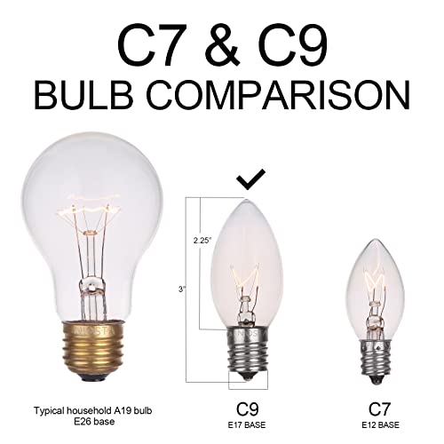 Niosta 25 Pack C9 Warm White Christmas Replacement Bulbs, Christmas C9 Clear Glass Incandescent Light Bulbs For Indoor Outdoor Christmas String Lights, E17 Intermediate Base, 7 Watts #TOP2