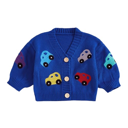 Baby Boy Girl Knit Cardigan Colorful Car Embroidery Long Lantern Sleeve V Neck Button Down Sweater Infant Fall Winter Clothes