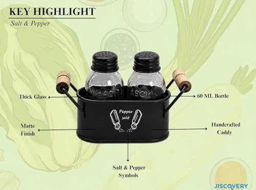 Image of JISCOVERY Salt and Pepper Dispenser Set for Dinning Table with Stand| Glass Bottom Spice Shaker Set with Metal Holder| Spice Sprinklers| 100 ML Each (Black)