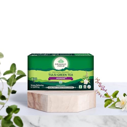 Image of A TATA Product - Organic India Tulsi Green Tea Jasmine - 25 Tea Bags, Certified Organic, Stress Relief, Mood Uplifting, Antioxidant Power, Soothing Jasmine Blend (Pack of 3)