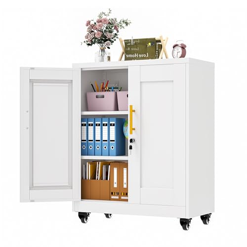 Image of 35 inch Lockable Rolling Metal Storage Cabinet, Steel Office File Cabinet | Garage Cabinet with Wheels & 2 Adjustable Shelves, Freestanding Tool Cabinet for Home, Office & Garage Storage, White