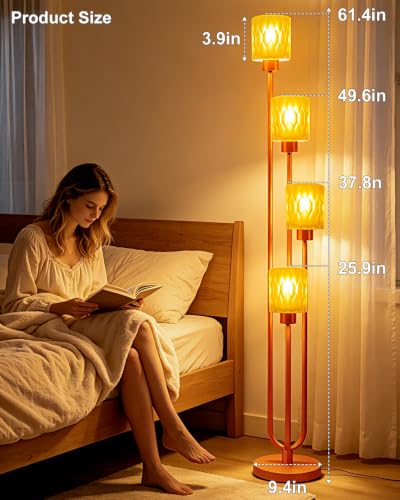 Image of Lightdot Orange Glass Floor Lamp Dimmable 4-Light Farmhouse Gold Floor Lamp | Mid Century Modern Standing Tall Lamp with 5Lbs Heavy Base for Living Room /Bedroom /Sofa Beside /Corner Decor -Bulbs Included