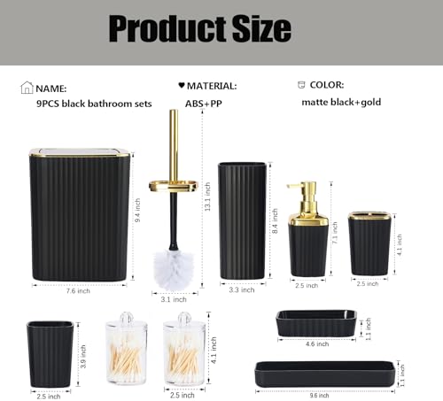 Black Bathroom Accessories Set,9 Piece Black Bathroom Accessory Set with Toothbrush Holder, Trash Can, Lotion Soap Dispenser, Toothbrush Cup, Vanity Tray, Soap Dish, Toilet Brush, Qtip Holder by Viowil - Image 3