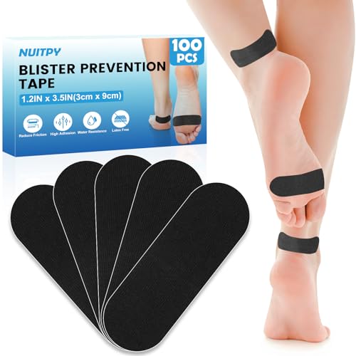 100 PCS Blister Prevention Tape 1.2in x 3.5in Blister Tape Precut Blister Bandages for Toes Heels Foot Surfaces Fingers - Black