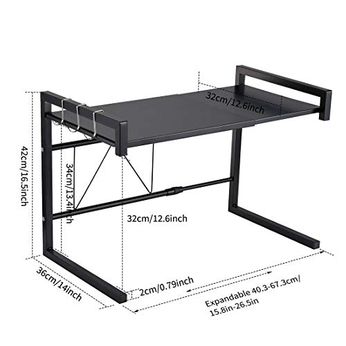 i BKGOO Expandable Metal Black Microwave Oven Rack Shelf Kitchen Supplies Tableware Storage Carbon Stainless Steel Counter Rice Cooker Stand Contains 2 Tiers with 3 Hook