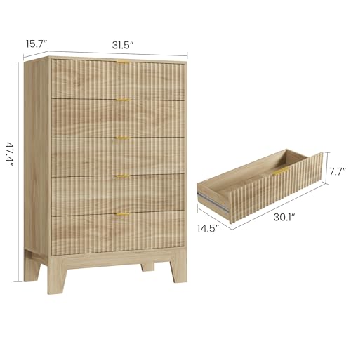 Image of Garvee 5 Drawer Dresser for Bedroom, 47 inch Tall Fluted Chest of Drawers with Metal Handle, Modern Wooden Dresser TV Stand, Clothes Storage Organizer Wood Closet for Hallway, Entryway, Natural Oak