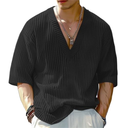 T-shirt tricoté col en V homme en maille fine et coupe ajustée premium