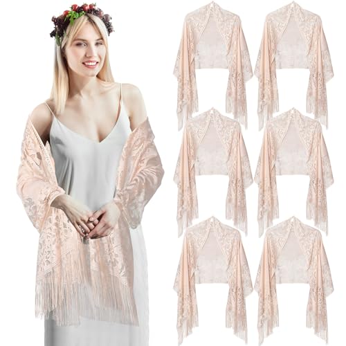 Sintege 6 Pcs Summer Shawls for Wedding, Women Lace Fringe Wraps Bridesmaid Scarf Bulk for Evening Dress Party