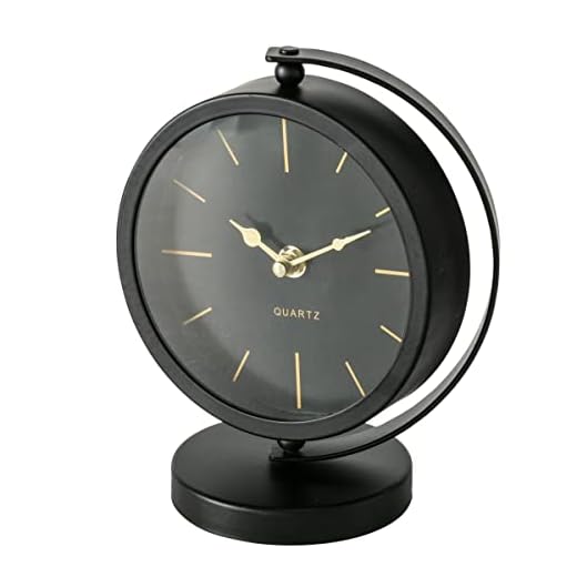 WHW Whole House Worlds Mid-Century Modern Desktop Clock, Black, Gold Accents, Quartz Movement, Iron, Round, Mounted, Circular Base, 7.75 Inches, 1 AA Battery (Not Included)
