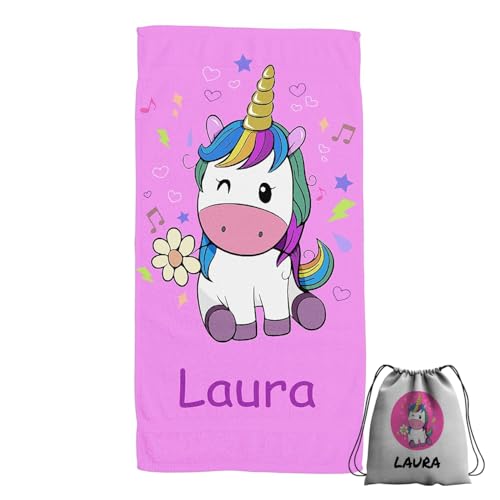 ZPUBLI+ Toallas de Playa o Ducha Personalizadas con Nombre o Frases. Toallas Infantiles, Regalo Infantil Original para baño, Piscina, Playa, Camping. Varias Medidas. (Unicornio Rosa, 30x50)