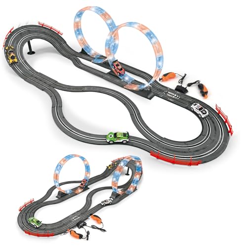 Slot Car Race Track Set with 4 High-Speed Cars, 2 in 1 Electric Track, Dual Racing Game with Controllers, for Kids Ages 8-12.