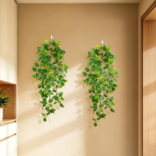 Image of LOYWREE 2 Pack Artificial Hanging Plants with Wall Planter, Faux Pothos Vines Fake Hanging Plant, Plastic Greenery Wall Decor for Indoor Outdoor Home Office Garden Patio Bedroom Living Room Decor