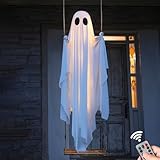 Demiawaking Halloween Deko Outdoor, 210 cm Hängende Geister Schaukel mit LED und Fernbedienung, Gruselige Geist Schaukel Anhänger Gartendeko Figur, Halloween Schaukeln Geist Party Deko (1 Set)