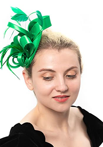 FELIZHOUSE Fascinator Hats for Women Ladies Feather Cocktail Tea Party Hats Bridal Headpieces Ascot Fascinator Headband (Satin Green) - Thumbnail 7
