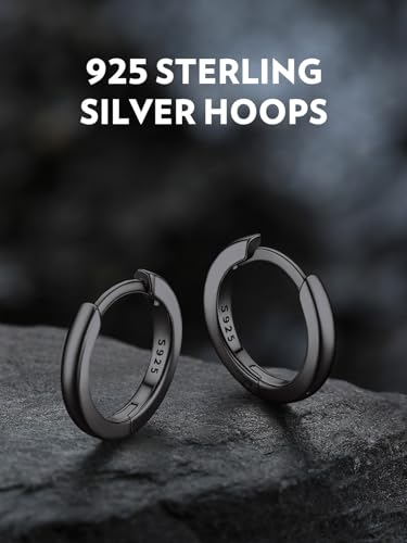 Bandmax 925 Sterling Silver Black Huggie Hoop Earrings 10mm Small Ear Hoops Hypoallergenic Silver Cartilage Piercing Jewelry Gift for Women Men2